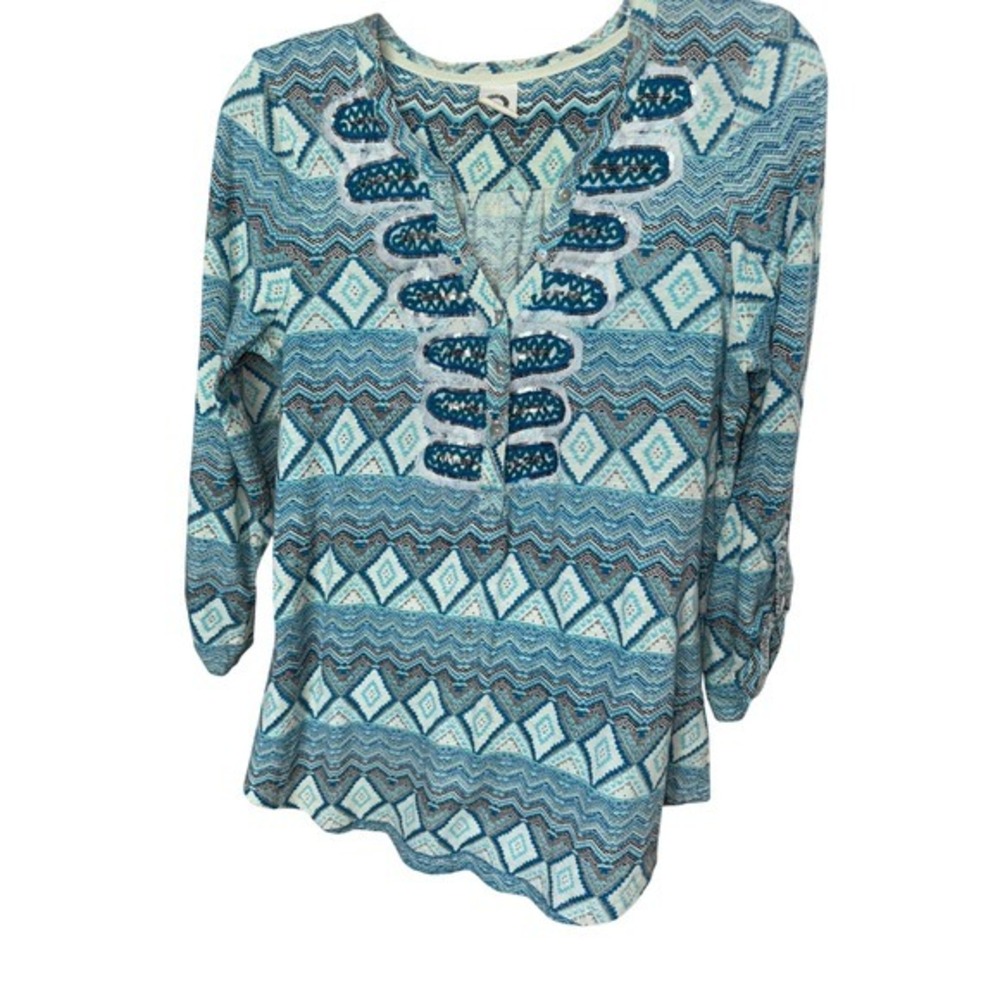 Anthropologie Akemi Kin Ocotillo Henley Blouse Top SM Women Boho Blue Pattern
